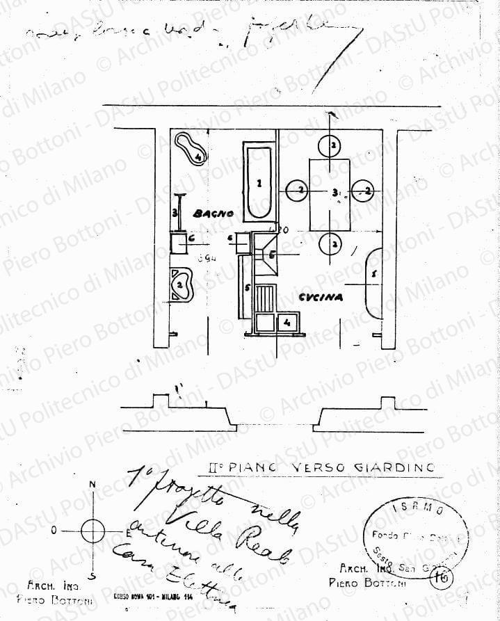 I progetto nella Villa Reale anteriore alla Casa Elettrica, II piano verso giardino, pianta cucina e bagno, scala 1:50, s.d. China su eliografia su carta, cm 25,5x19,5. 