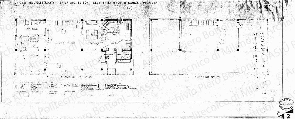 La casa dell'elettricit? per la Soc. Edison [?], piante piano terreno e terrazze, scala 1:50, 1930.Matita e matita rossa su eliografia su carta, cm 35,5x87,5. Annotazioni a matita e matita rossa.