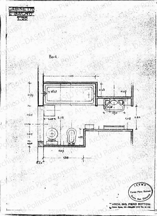 Pianta bagno, scala 1:20, s.d. Eliografia su carta, cm 37,0x28,0. 