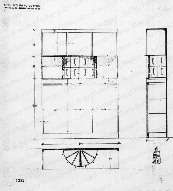 Vista frontale, pianta e sezione mobile cucina, scala 1:10, prot. 1235, s.d. Matita su lucido, cm35,2x37,6. 