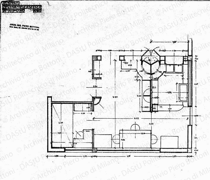 Acquaio, cucina e camera di riposo, pianta, scala 1:20, prot. 1304, s.d. Matita su lucido, cm45,0x62,0. 