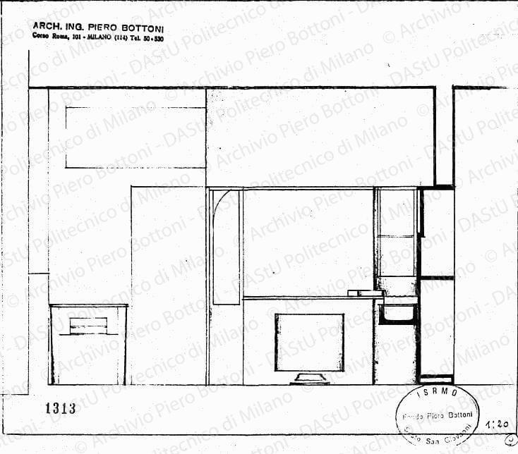 Vista parete acquaio, scala 1:20, prot. 1313, s.d. Matita su lucido, cm 23,0x27,0. 