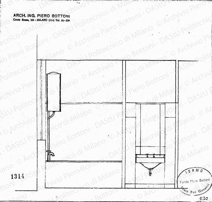 Vista parete bagno, scala 1:20, prot. 1314, s.d. Matita su lucido, cm 24,5x26,0. 