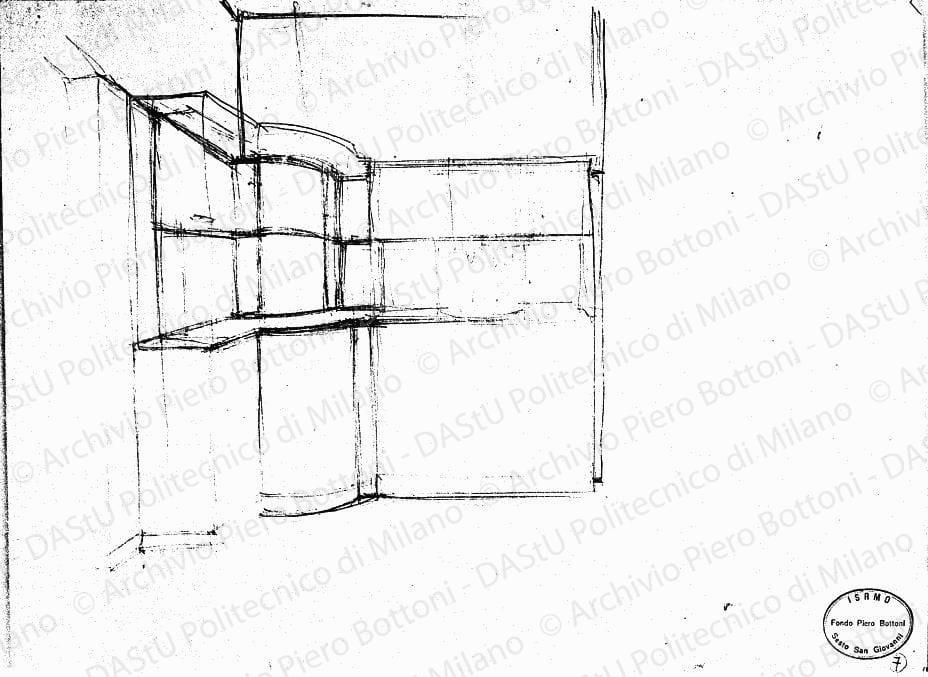 Schizzo prospettico mobile cucina, s.d. Matita su carta, cm 32,3x43,5. 