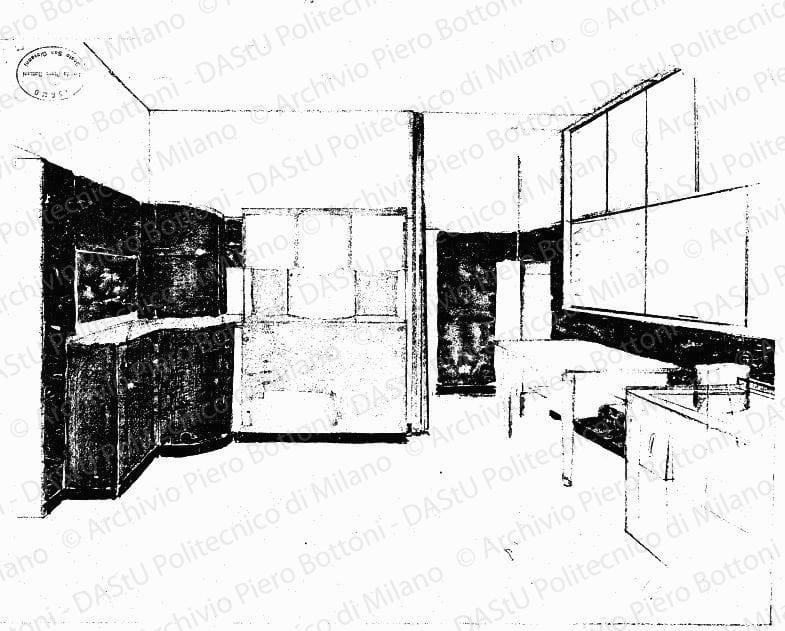 Prospettiva della cucina, s.d. Tempere su eliografia su carta, cm 37,0x50,0.  Incorniciato cm 50x63.