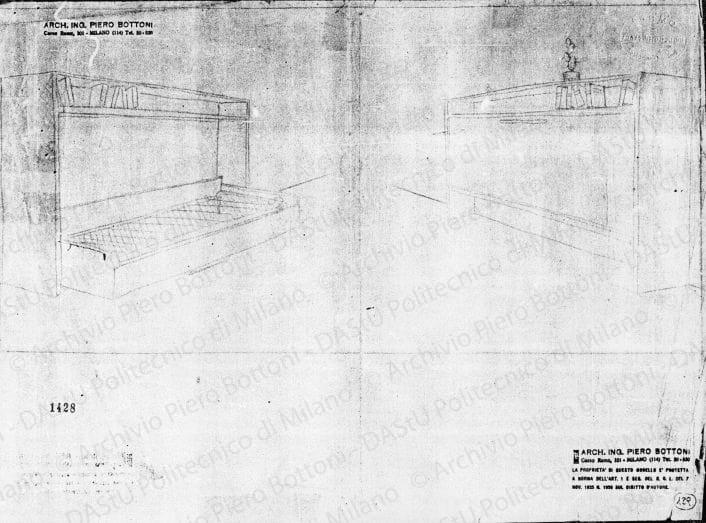 Schizzi prospettici mobile letto a scomparsa, prot. 1428, s.d. Matita rossa su carta, cm32,0x43,6. 