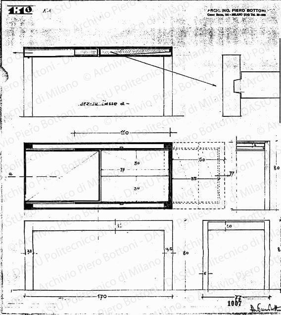 Tavolo allungabile, scala 1:10, prot. 1007, s.d. Matita su lucido, firmato da P. Bottoni, cm36,0x33,4. 