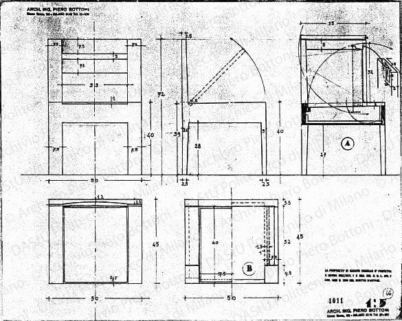 Sedia a cassetta, scala 1:5, prot. 1011, s.d. Matita su lucido, cm 34,0x42,8. 