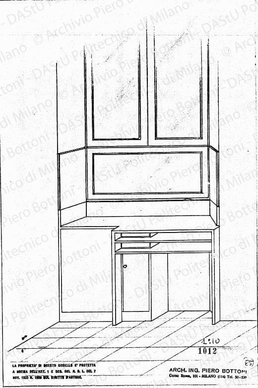 Scrivania sottofinestra, scala 1:10, prot. 1012, s.d. Matita su lucido, cm 33,2x22,0. 