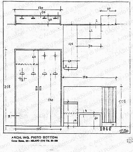 Mobile attaccapanni, scala 1:20, prot. 1044, s.d. Matita su lucido, cm 20,5x19,3. 