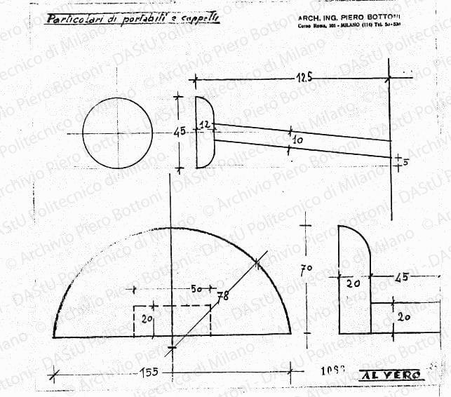 Particolare porta abiti, scala 1:1, prot. 1066, s.d. Matita su lucido, cm 25,0x26,0. 