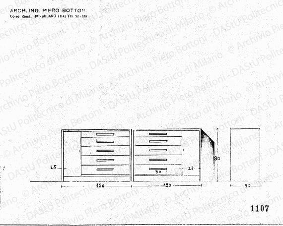 Cassettiera, scala 1:20, prot. 1107, s.d. Matita su lucido, cm 20,4x28,4. 