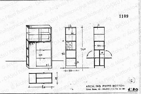 Libreria, scala 1:20, prot. 1109, s.d. Matita su lucido, cm 16,8x24,5. 