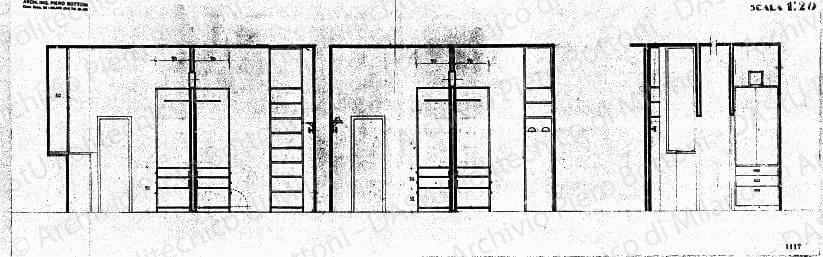 Sezioni armadi, scala 1:20, prot. 1117, s.d. Matita su lucido, cm 26,0x83,2. 