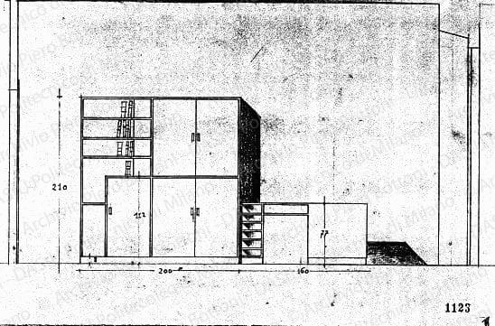 Libreria, scala 1:20, prot. 1123, s.d. Matita su lucido, cm 26,3x33,8. 