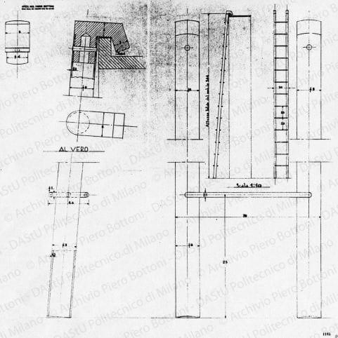 Scala scorrevole in metallo, viste e particolari, scala 1:1, 1:10, prot. 1132, s.d. Matita su lucido, cm 79,8x74,2. 