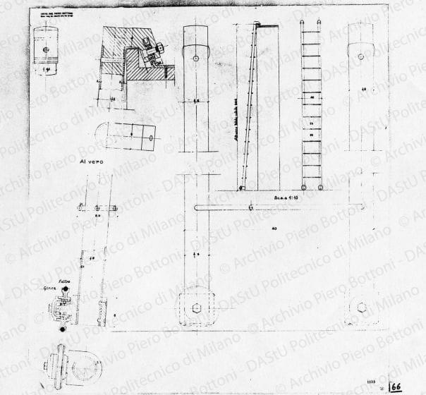 Scala scorrevole in metallo, viste e particolari, scala 1:1, 1:10, prot. 1165, s.d. Matita su lucido, cm 70,8x70,9. 