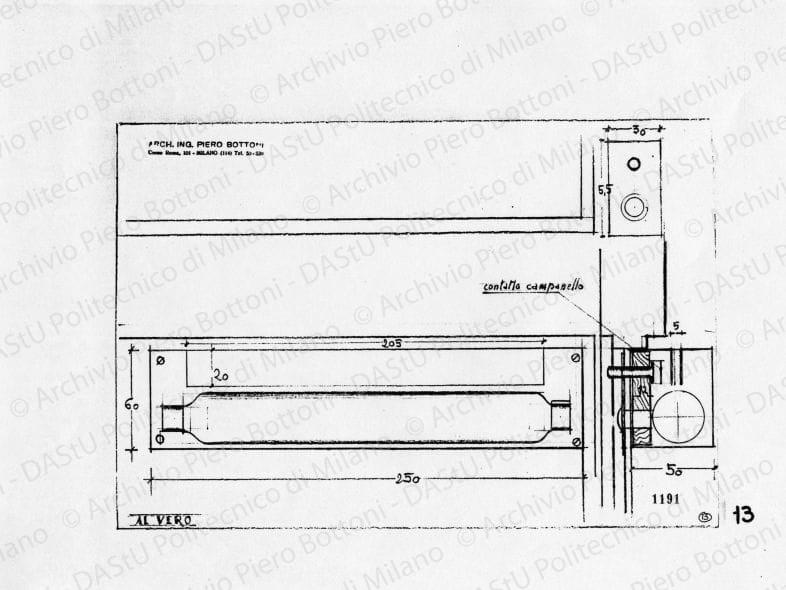 Particolare lampada con accensione per contatto con il campanello, scala 1:1, prot. 1191,s.d. Matita su lucido, cm 23,4x34,5. 