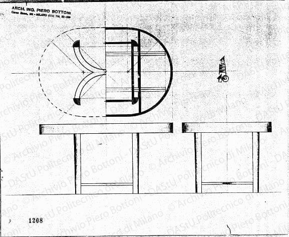 Tavolo allungabile, scala 1:10, prot. 1208, s.d. Matita su lucido, cm 26,7x34,0. 