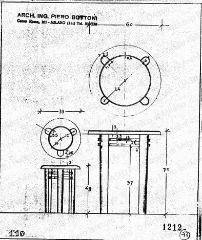 Tavolino e sgabello, piante e alzati, scala 1:10, prot. 1212, s.d. Matita su lucido, 20,0x16,8.