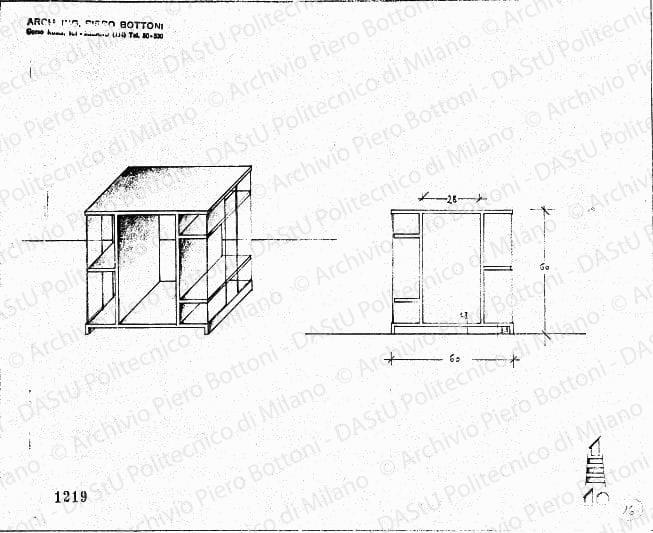 Mobiletto libreria, scala 1:10, prot. 1219, s.d. Matita su lucido, cm 26,2x32,0. 