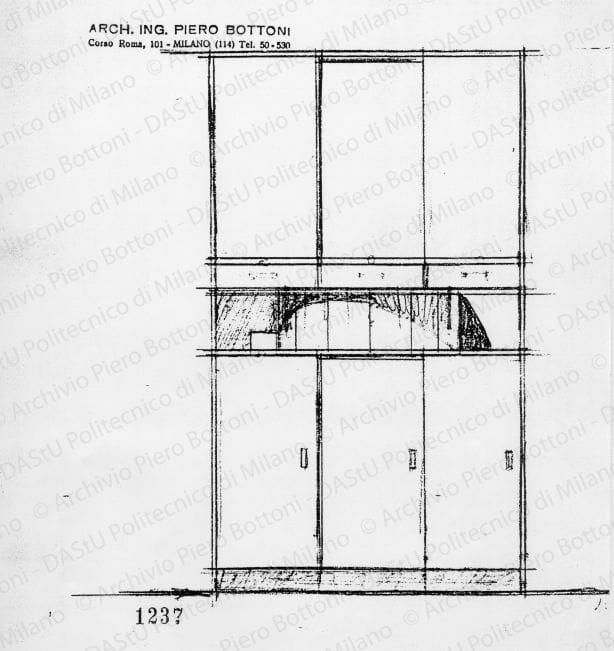 Mobile cucina, scala 1:10, prot. 1237, s.d. Matita su lucido, cm 21,5x19,6. 