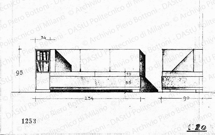 Divano, scala 1:20, prot. 1253, s.d. Matita su lucido, cm 19,8x24,2. 