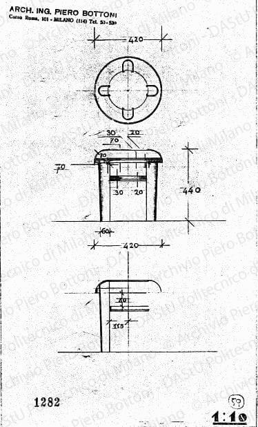 Sgabello, scala 1:10, prot. 1282, s.d. Matita su lucido, cm 26,4x15,8. 