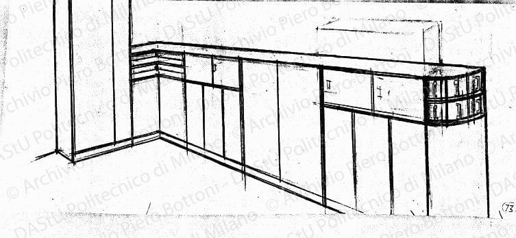 Schizzo prospettico mobile cucina, s.d. Matita su lucido, cm 17,1x40,5. 