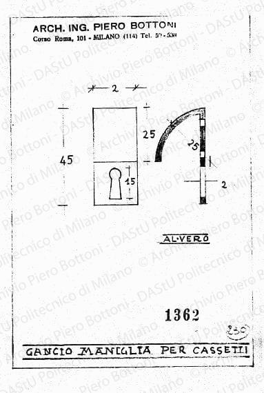 Gancio maniglia per cassetti, scala 1:1, prot. 1362, s.d. Matita su lucido, cm 16,5x11,2.