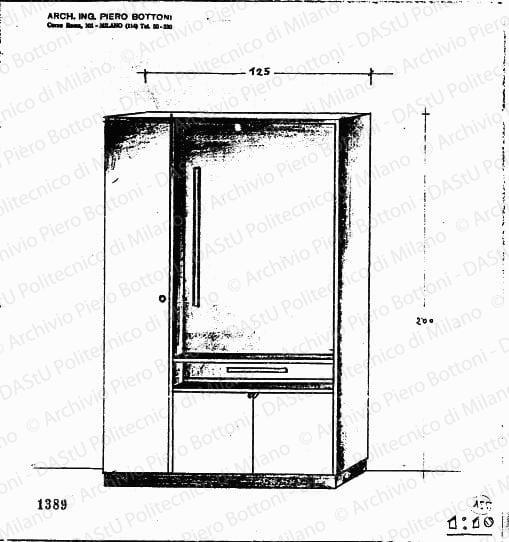 Assonometria armadio, scala 1:10, prot. 1389, s.d. Matita e matita marrone su lucido, cm 29,1x27,0. 