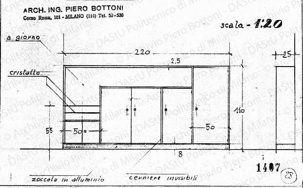 Mobiletto, scala 1:20, prot. 1407, s.d. Matita su lucido, cm 12,4x20,0. 