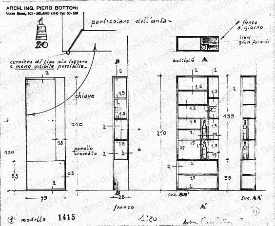 Libreria bar, scala 1:20, prot. 1415, 1931. Matita su lucido, firmato da P. Bottoni, cm21,0x24,8. Annotazione manoscritta: Paris 1931. 