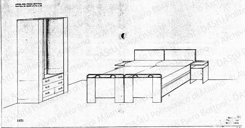 Mobili camera da letto, scala 1:10, prot. 1421, s.d. Matita su lucido, cm 33,0x62,2. 