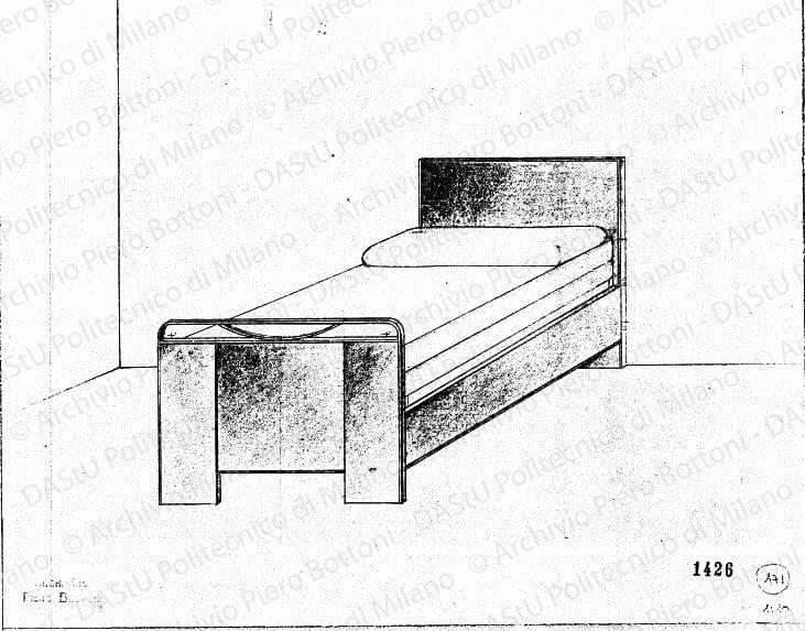 Letto, scala 1:10, prot. 1426, s.d. Matita e matita marrone su lucido, cm 29,4x31,5. 