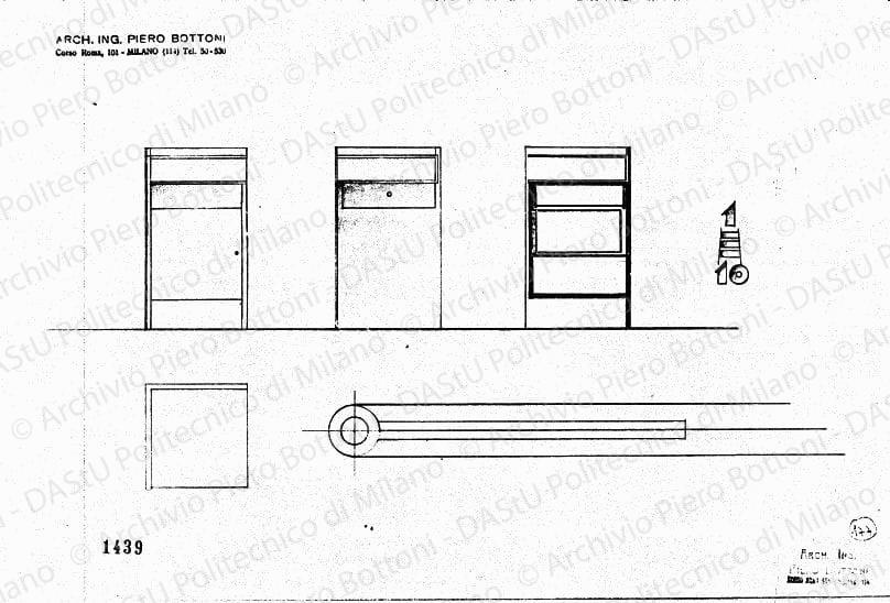 Comodino, scala 1:10, prot. 1439, s.d. Matita su lucido, cm 23,3x35,0. 