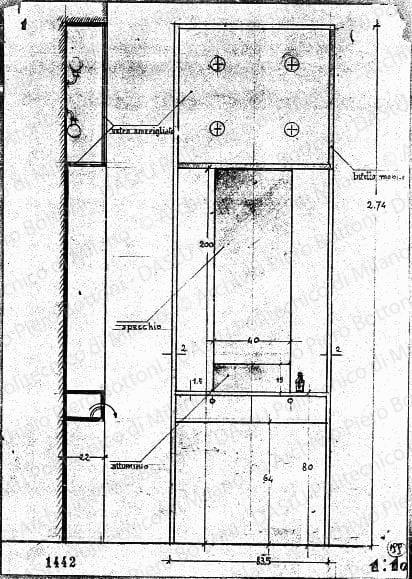 Mobile bagno, scala 1:10, prot. 1442, s.d. Matita su lucido, cm 30,3x21,3. 