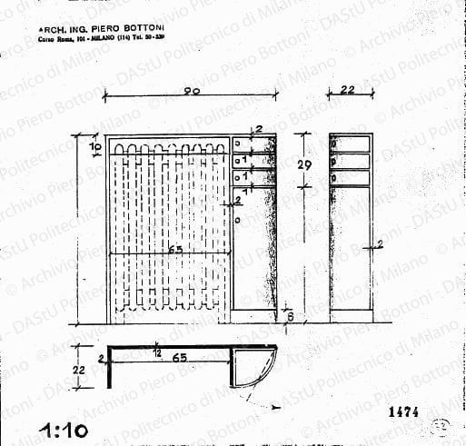 Copri calorifero, scala 1:10, prot. 1474, s.d. Matita su lucido, cm 25,8x24,6. 