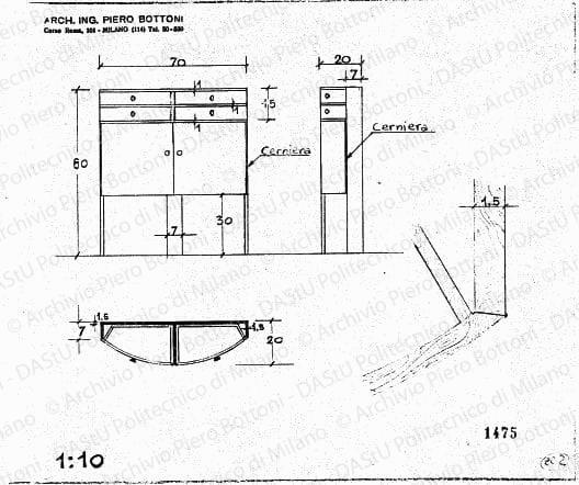 Mobile bagno, scala 1:10, prot. 1475, s.d. Matita su lucido, cm 23,0x26,9. 