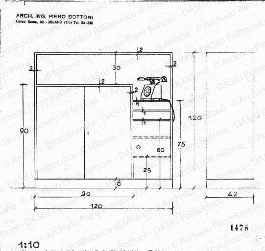Mobiletto, scala 1:10, prot. 1476, s.d. Matita su lucido, cm 22,0x24,2. 