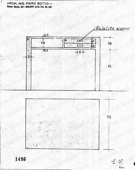 Scrivania, scala 1:10, prot. 1496, s.d. Matita su lucido, cm 25,6x19,3. 