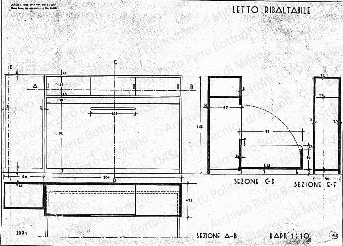 Letto ribaltabile, scala 1:10, prot. 1534, s.d. China e matita su lucido, cm 37,2x51,7. 