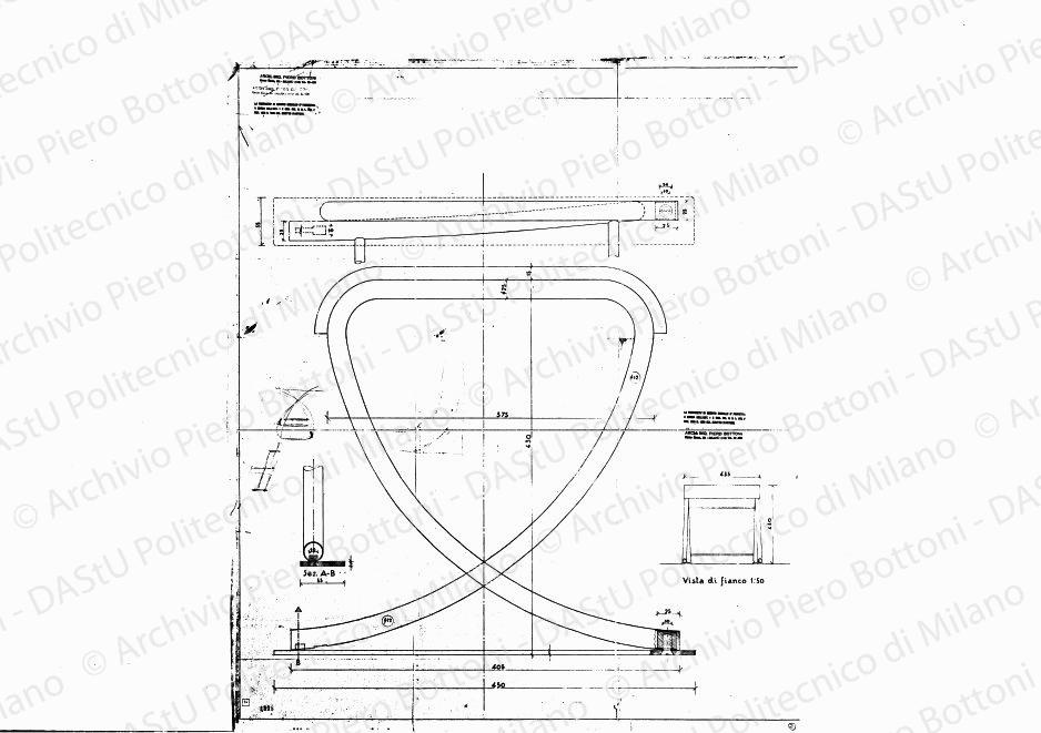 Sgabello, scala 1:1, 1:50, s.d. Eliografia su carta, cm 76,6 x 65,4. Schizzi a matita.