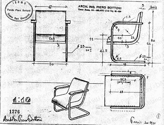 Poltroncina, scala 1:10, prot. 1276, dicembre 1931. Matita su lucido, firmato da P. Bottoni, cm 19,2x25,7. Annotazione manoscritta: Paris dic. 1931. 