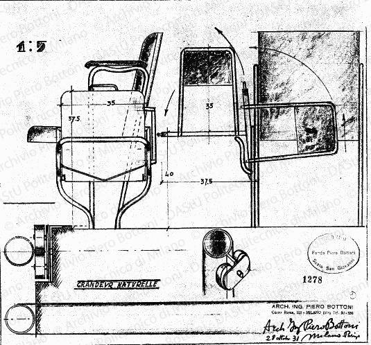 Poltroncina, scala 1:1, 1:5, prot. 1278, 28 ottobre 1931. Matita su lucido, firmato da P. Bottoni, cm 25,5x30,0. Annotazione manoscritta: Arch. Ing. Piero Bottoni 28 ottobre '31 Milano-Parigi.