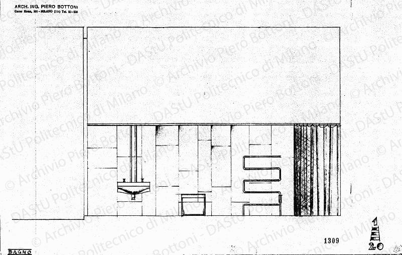 Bagno, vista parete con sgabello e porta asciugamani, scala 1:20, prot. 1309, s.d. Matita e matita gialla su lucido, cm 27,6x42,8. 