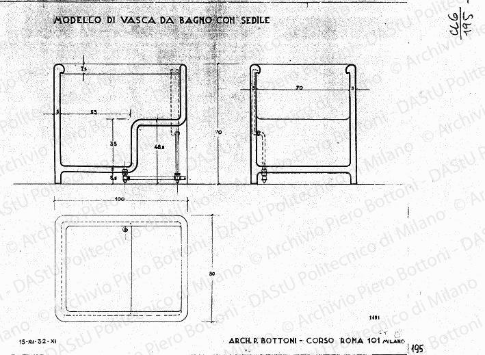 Modello di vasca da bagno con sedile, pianta e sezioni, scala 1:5, prot. 1491, 15 dicembre 1932. Matita su lucido, cm 53,0x61,2. 
