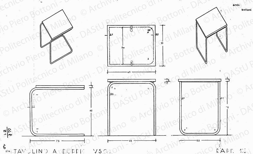 Tavolino a doppio uso, pianta, viste e assonometrie, scala 1:5, prot. 1561, s.d. China e matita su lucido, cm 42,4x70,8. 