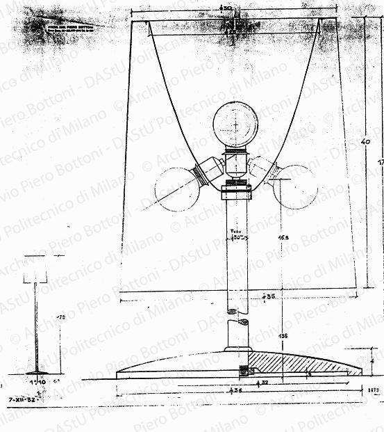 Lampada a stelo, scala 1:1, 1:10, prot. 1472, 7 dicembre 1932. Matita su lucido, cm 59,5x57,5. 