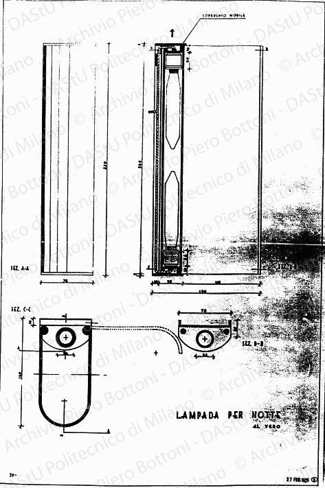 Lampada per notte, scala 1:1, prot. 2080, 27 febbraio 1936. China e matita su lucido, cm73,9x49,8. 